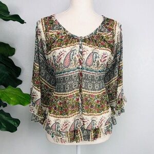 GREEN FLORAL PAISLEY  PONCHO STYLE LOOSE TOP